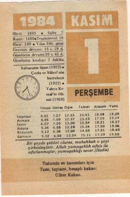 1 Kasım 1984 Takvim Yaprağı EFM(N)3341 - 3