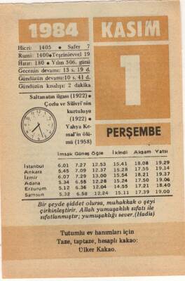 1 Kasım 1984 Takvim Yaprağı EFM(N)3341 - 1