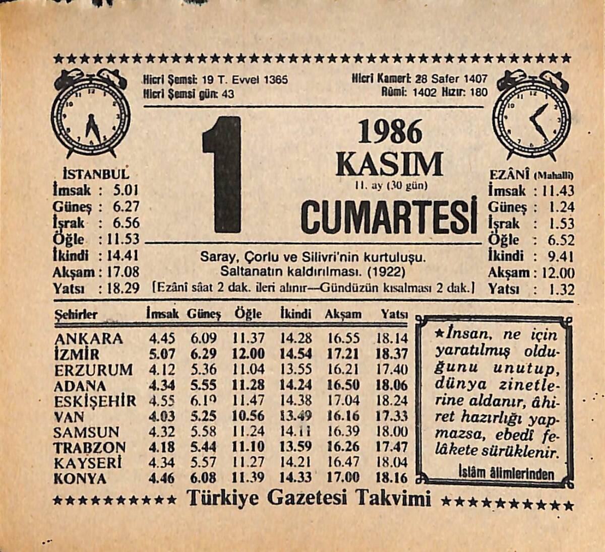 1 Kasım 1986 Takvim Yaprağı - Doğum Günü Hediyesi EFMN14900 - 1