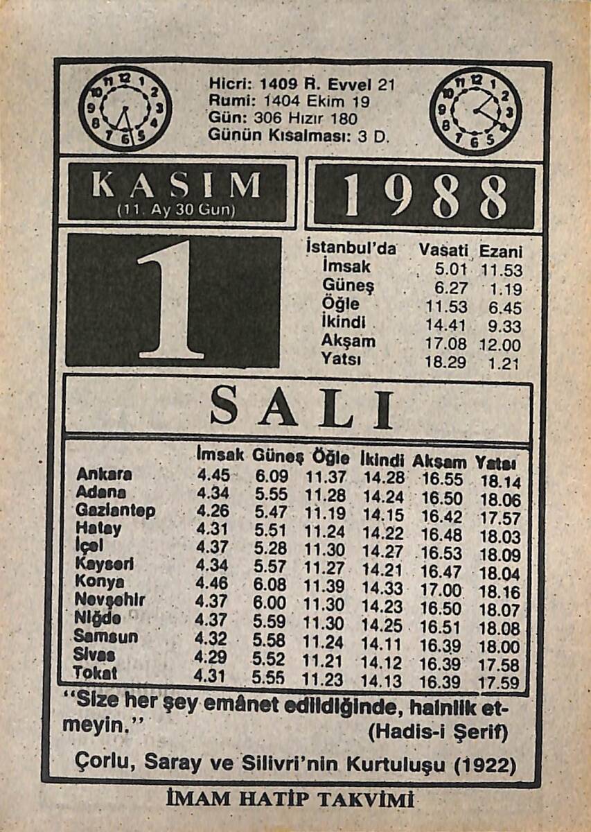 1 Kasım 1988 Takvim Yaprağı - Doğum Günü Hediyesi EFMN14629 - 1