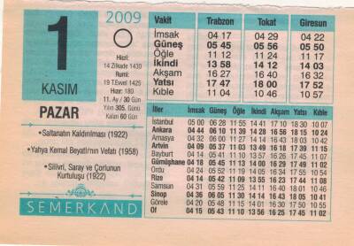 1 Kasım 2009 Takvim Yaprağı EFM(N)3827 - 1