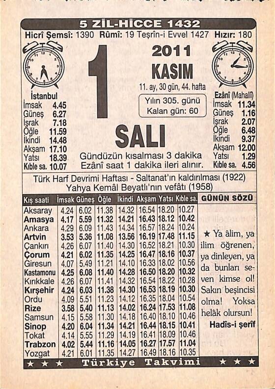 1 Kasım 2011 Takvim Yaprağı - Doğum Günü Hediyesi EFMN15288 - 1