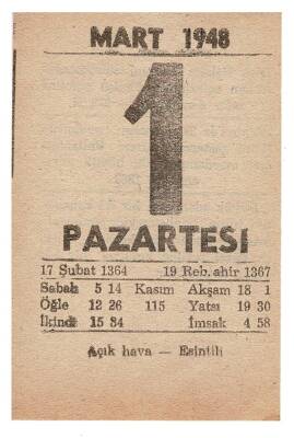 1 Mart 1948 Takvim Yaprağı EFM915 - 1