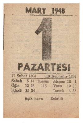 1 Mart 1948 Takvim Yaprağı EFM915 - 3