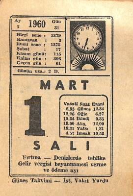 1 Mart 1960 Takvim Yaprağı - Doğum Günü Hediyesi EFM(N)11465 - 1