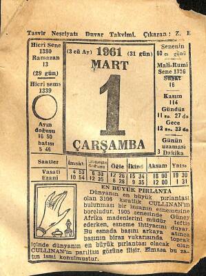 1 Mart 1961 Takvim Yaprağı - Doğum Günü Hediyesi EFM(N)11146 - 1