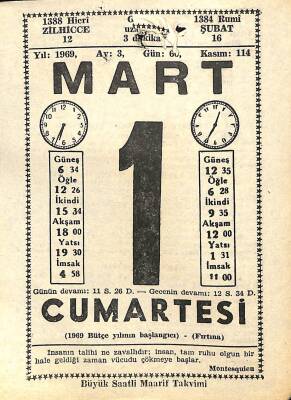 1 Mart 1969 Takvim Yaprağı - Doğum Günü Hediyesi EFM(N)11008 - 1