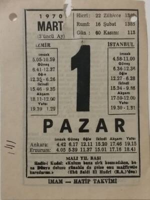 1 Mart 1970 Takvim Yaprağı - Doğum Günü Hediyesi EFM(N)7945 - 2