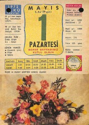 1 Mayıs 1972 Takvim Yaprağı - Doğum Günü Hediyesi EFM(N)12255 - Gökçekoleksiyon