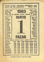 1 Mayıs 1983 Takvim Yaprağı - Doğum Günü Hediyesi EFM(N)12144 - Gökçekoleksiyon