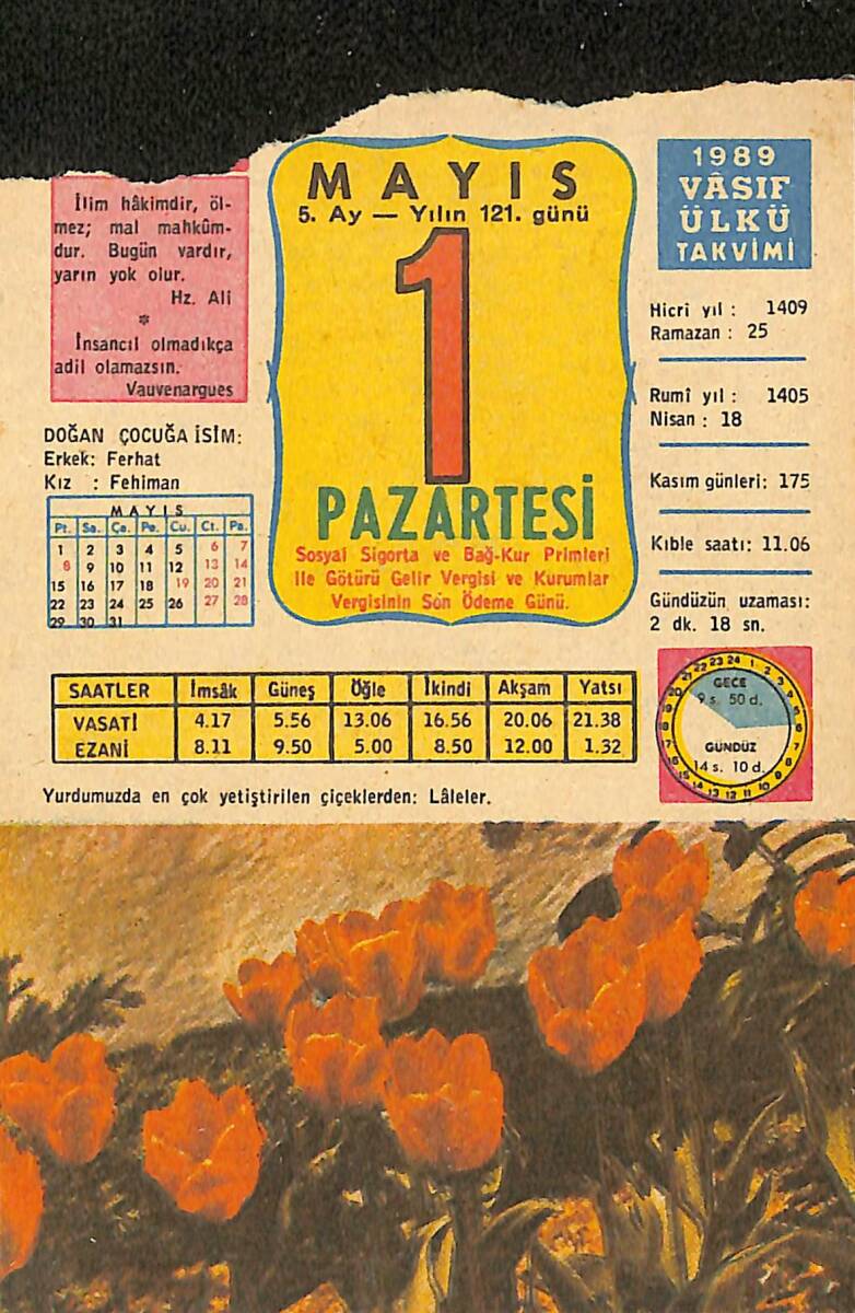 1 Mayıs 1989 Takvim Yaprağı - Doğum Günü Hediyesi EFMN13712 - 1
