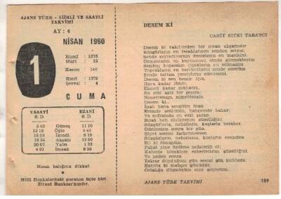 1 Nisan 1960 Ajans Türk Takvim Yaprağı (Şiirli Saatli) EFM(N)1558 - 3