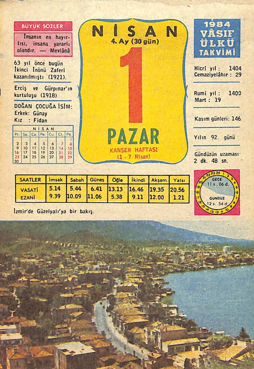 1 Nisan 1984 Takvim Yaprağı - Doğum Günü Hediyesi EFMN15194 - 1