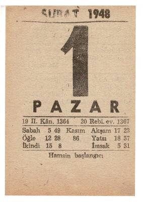 1 Şubat 1948 Takvim Yaprağı EFM925 - 3