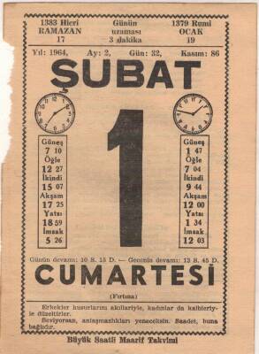 1 Şubat 1964 Takvim Yaprağı EFM(N)5711 - 1