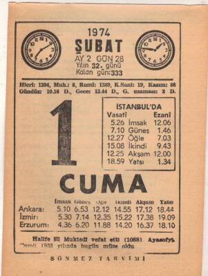 1 Şubat 1974 Takvim Yaprağı EFM(N)5240 - 1
