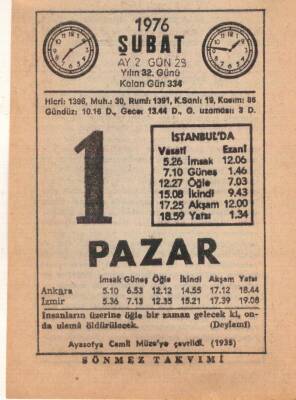 1 Şubat 1976 Takvim Yaprağı EFM(N)5268 - 1