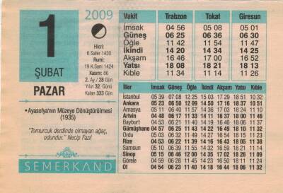 1 Şubat 2009 Takvim Yaprağı EFM(N)5606 - 3