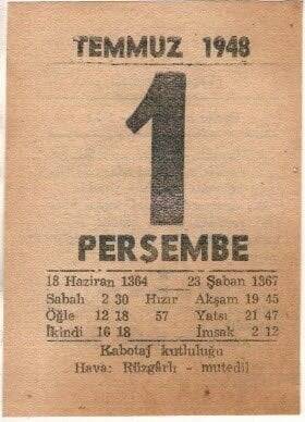 1 Temmuz 1948 Takvim Yaprağı EFM(N)1416 - 2