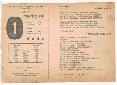 1 Temmuz 1960 Ajans Türk Takvim Yaprağı (Şiirli Saatli) EFM(N)1648 - 4