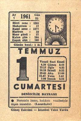 1 Temmuz 1961 Takvim Yaprağı - Doğum Günü Hediyesi EFM(N)11339 - 1