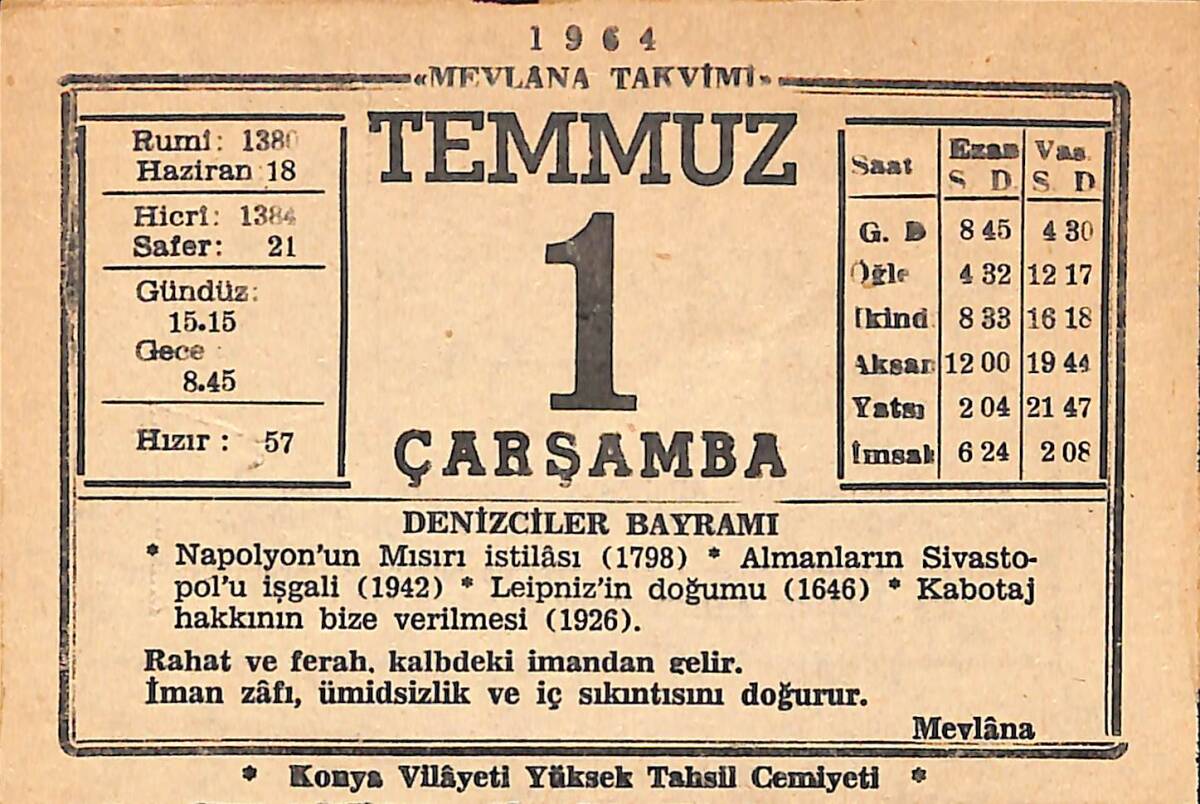 1 Temmuz 1964 Takvim Yaprağı - Doğum Günü Hediyesi EFMN15549 - 1