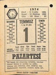 1 Temmuz 1974 Takvim Yaprağı - Doğum Günü Hediyesi EFM(N)12130 - Gökçekoleksiyon