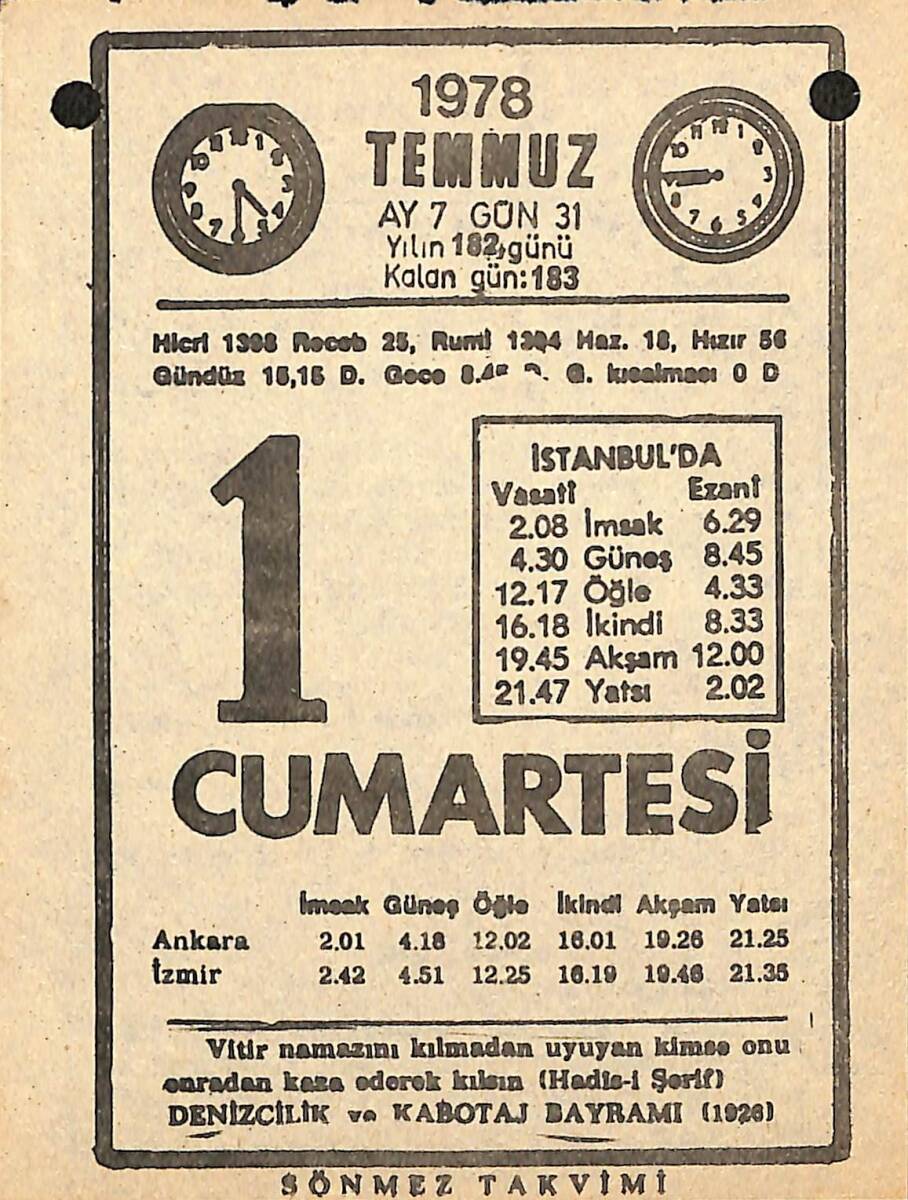 1 Temmuz 1978 Takvim Yaprağı - Doğum Günü Hediyesi EFMN15359 - 1