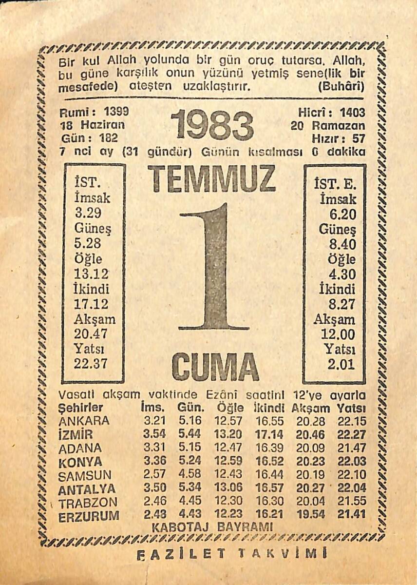 1 Temmuz 1983 Takvim Yaprağı - Doğum Günü Hediyesi EFMN13646 - 1