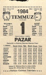 1 Temmuz 1984 Takvim Yaprağı - Doğum Günü Hediyesi EFM(N)11252 - Gökçekoleksiyon