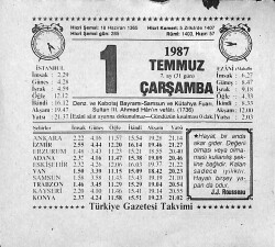 1 Temmuz 1987 Takvim Yaprağı - Doğum Günü Hediyesi EFMN13813 - Gökçekoleksiyon