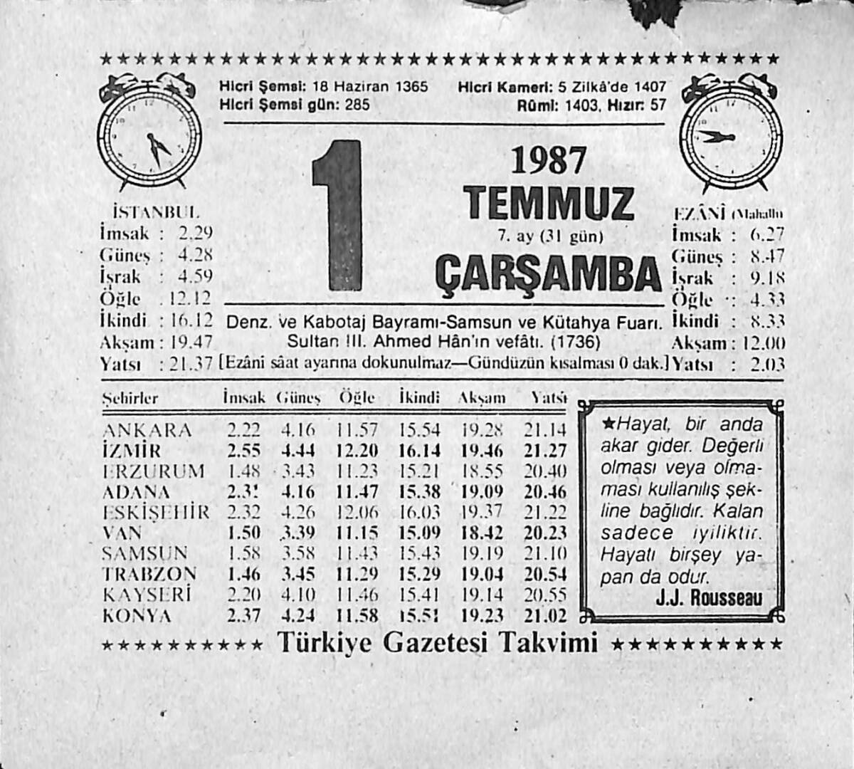 1 Temmuz 1987 Takvim Yaprağı - Doğum Günü Hediyesi EFMN13813 - 1