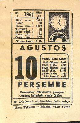 10 Ağustos 1961 Takvim Yaprağı - Doğum Günü Hediyesi EFM(N)11452 - 1