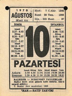 10 Ağustos 1970 Takvim Yaprağı - Doğum Günü Hediyesi EFM(N)9677 - 2