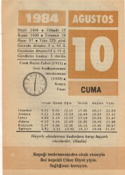 10 Ağustos 1984 Takvim Yaprağı EFM(N)2320 - 3