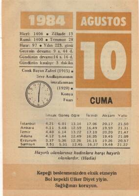 10 Ağustos 1984 Takvim Yaprağı EFM(N)2320 - 3