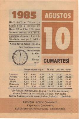10 Ağustos 1985 Takvim Yaprağı EFM(N)2321 - 1