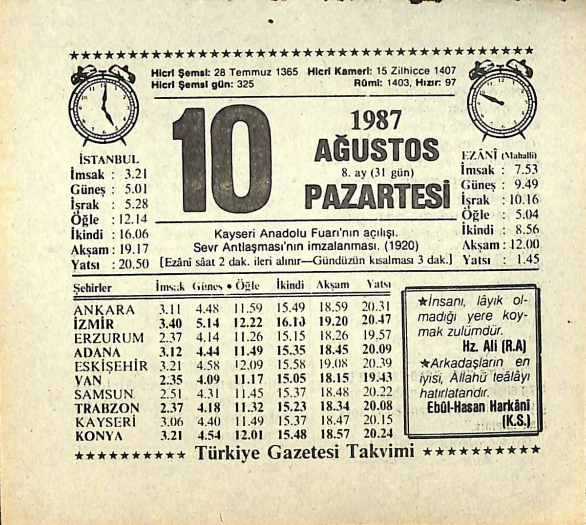 10 Ağustos 1987 Takvim Yaprağı - Doğum Günü Hediyesi EFMN13853 - 1