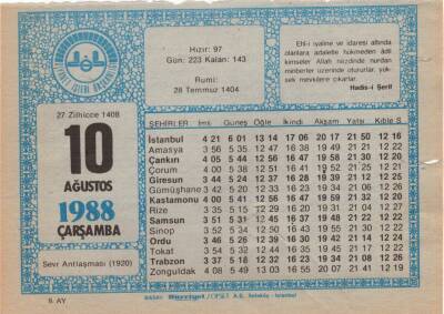 10 Ağustos 1988 Takvim Yaprağı EFM(N)2323 - 2