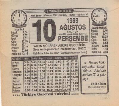 10 Ağustos 1989 Takvim Yaprağı EFM(N)2324 - 2