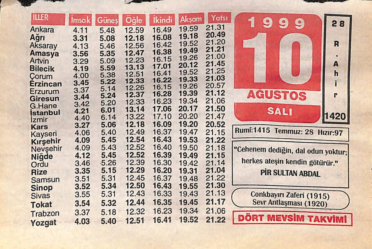 10 Ağustos 1999 Takvim Yaprağı - Doğum Günü Hediyesi EFMN14046 - 1