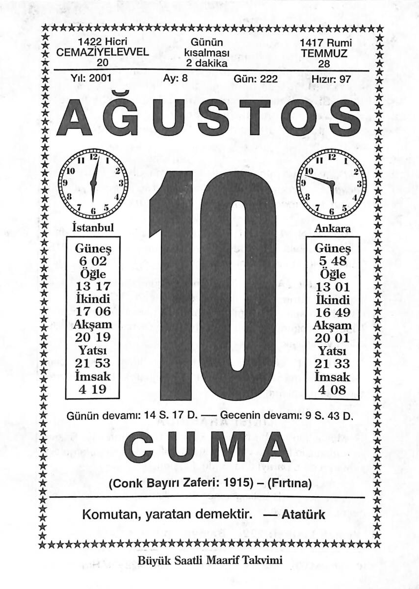 10 Ağustos 2001 Takvim Yaprağı - Doğum Günü Hediyesi EFMN14220 - 1