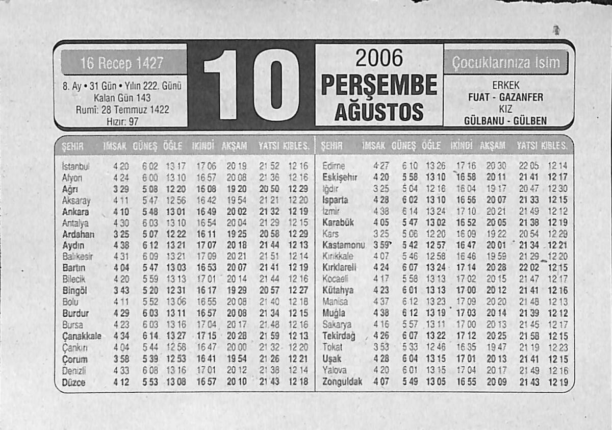 10 Ağustos 2006 Takvim Yaprağı - Doğum Günü Hediyesi EFMN14157 - 1