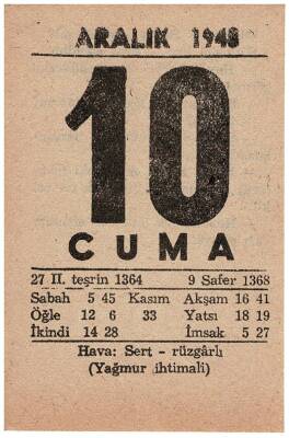 10 Aralık 1948 Takvim Yaprağı EFM818 - 3