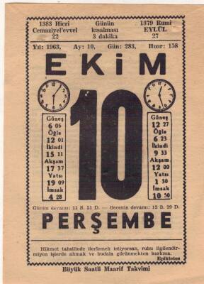 10 Ekim 1963 Takvim Yaprağı EFM(N)3533 - 2