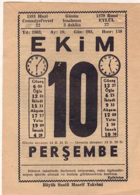 10 Ekim 1963 Takvim Yaprağı EFM(N)3533 - 1