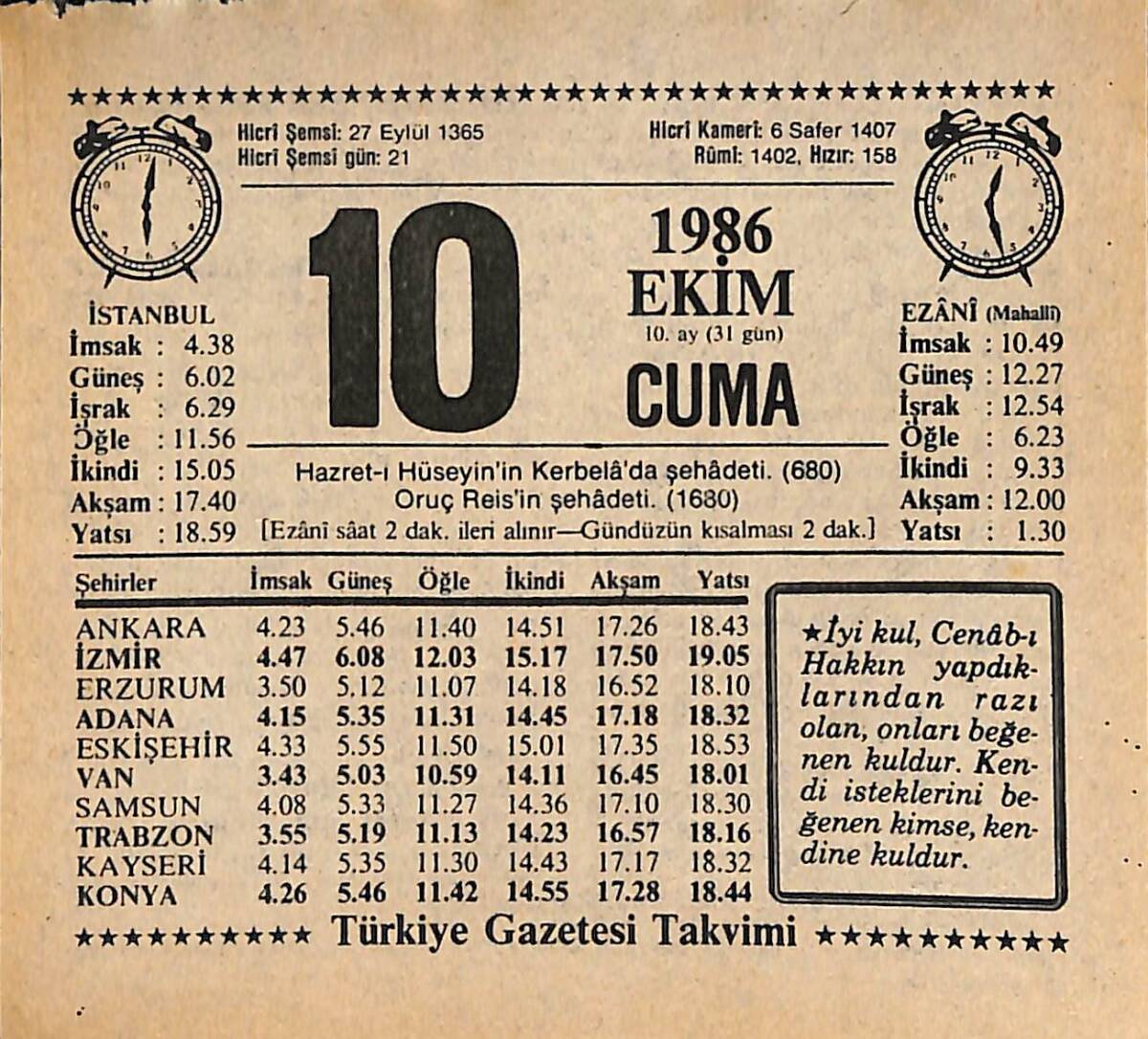 10 Ekim 1986 Takvim Yaprağı - Doğum Günü Hediyesi EFMN14921 - 1
