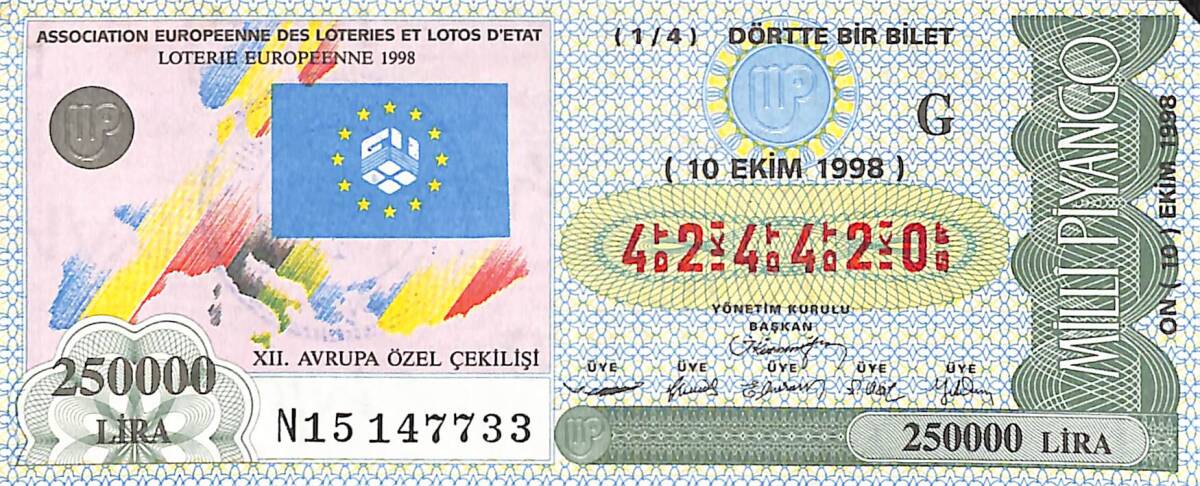 10 Ekim 1998 Piyango Bileti Dörtte Bir Bilet PYB6527 - 1