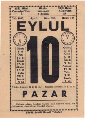 10 Eylül 1967 Takvim Yaprağı EFM(N)3608 - 1