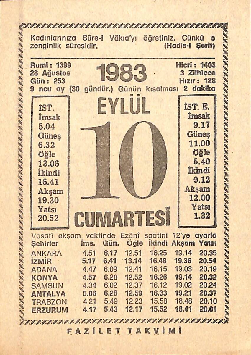 10 Eylül 1983 Takvim Yaprağı - Doğum Günü Hediyesi EFMN15416 - 1